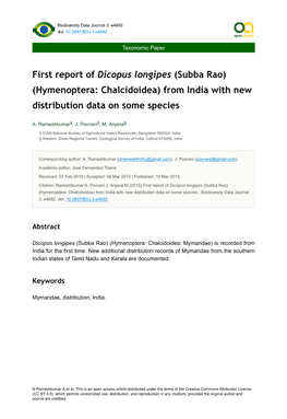 First Report of Dicopus Longipes (Subba Rao) (Hymenoptera: Chalcidoidea) from India with New Distribution Data on Some Species