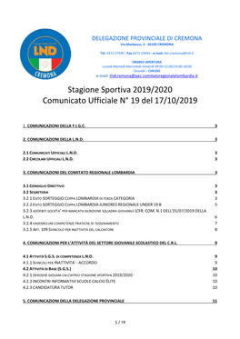 Stagione Sportiva 2019/2020 Comunicato Ufficiale N° 19 Del 17/10/2019