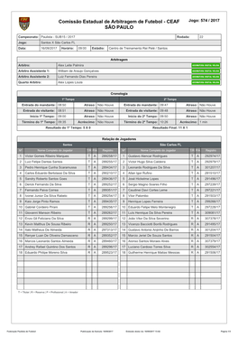 Comissão Estadual De Arbitragem De Futebol - CEAF Jogo: 574 / 2017 SÃO PAULO