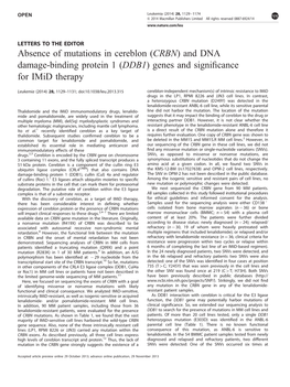 Absence of Mutations in Cereblon (CRBN) and DNA Damage-Binding Protein 1 (DDB1) Genes and Signiﬁcance for Imid Therapy