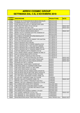 Arrivi Cosmic Group Settimana Dal 4 Al 8 Novembre 2019