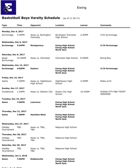 Ewing Basketball Boys Varsity Schedule