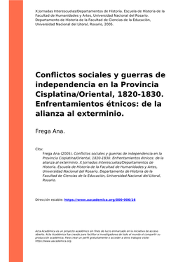 Conflictos Sociales Y Guerras De Independencia En La Provincia Cisplatina/Oriental, 1820-1830