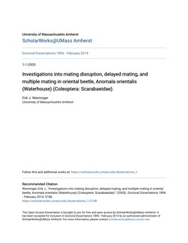 Investigations Into Mating Disruption, Delayed Mating, and Multiple Mating in Oriental Beetle, Anomala Orientalis (Waterhouse) (Coleoptera: Scarabaeidae)