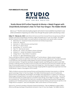 Studio Movie Grill Further Expands Its Movies + Meals Program with Dreamworks Animation’S How to Train Your Dragon: the Hidden World