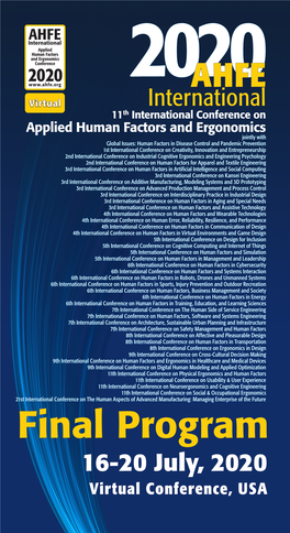 Final Program 16-20 July, 2020 Virtual Conference, USA Table of Contents