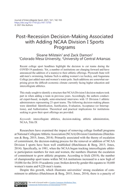 Post-Recession Decision-Making Associated with Adding NCAA Division I Sports Programs