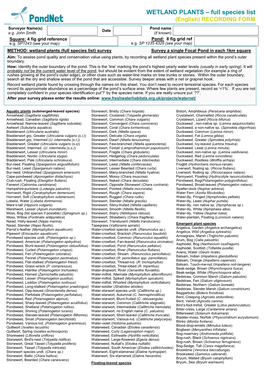 WETLAND PLANTS – Full Species List (English) RECORDING FORM