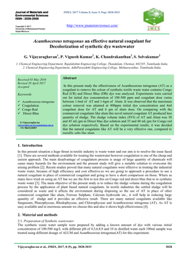 Acanthocereus Tetragonus an Effective Natural Coagulant for Decolorization of Synthetic Dye Wastewater