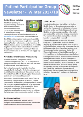 Patient Participation Group Newsletter – Winter 2017/18