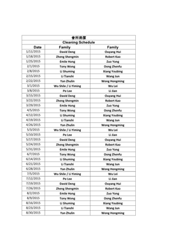 會所清潔 Cleaning Schedule Date Family Family