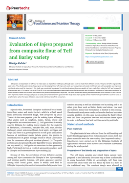 Evaluation of Injera Prepared from Composite Flour of Teff and Barley Variety