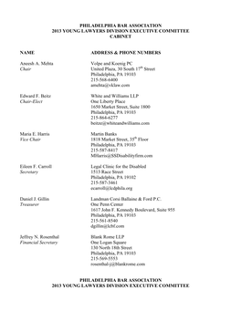 Philadelphia Bar Association 2013 Young Lawyers Division Executive Committee Cabinet