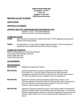 TOWN BOARD MEETING November 10, 2015 7:00 P