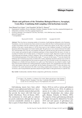 Plants and Gall Hosts of the Tirimbina Biological Reserve, Sarapiqui, Costa Rica: Combining Field Sampling with Herbarium Records