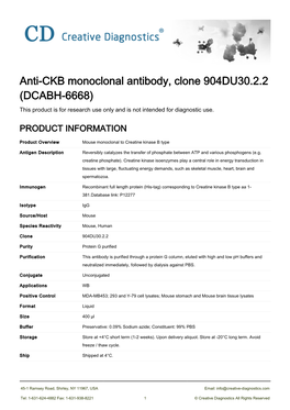 Anti-CKB Monoclonal Antibody, Clone 904DU30.2.2 (DCABH-6668) This Product Is for Research Use Only and Is Not Intended for Diagnostic Use
