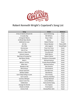 Robert Kenneth Wright's Copeland's Song List