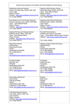 Schools and Nurseries in the Hitchin and Rural Children's Centre Group