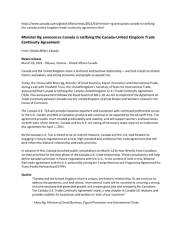 Canada Announces That It Is Ratifying the Canada-UK Trade Continuity