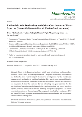 Endiandric Acid Derivatives and Other Constituents of Plants from the Genera Beilschmiedia and Endiandra (Lauraceae)