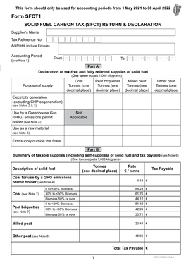 Form SFCT1 SOLID FUEL CARBON TAX (SFCT) RETURN & DECLARATION Supplier’S Name Tax Reference No