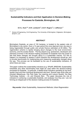 Sustainability Indicators and Their Application in Decision-Making Processes for Eastside, Birmingham, UK