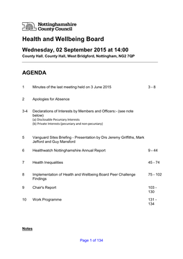 Health and Wellbeing Board Wednesday, 02 September 2015 at 14:00 County Hall , County Hall, West Bridgford, Nottingham, NG2 7QP