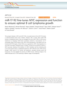 Mir-17-92 Fine-Tunes MYC Expression and Function to Ensure