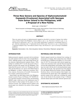 Three New Genera and Species of Siphonostomatoid Copepods (Crustacea) Associated with Sponges from Samar Island in the Philippines, with a Proposal of a New Family