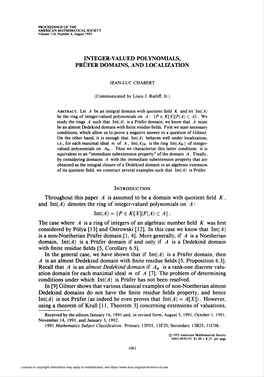 Integer-Valued Polynomials on a : {P £ K[X]\P(A) C A}