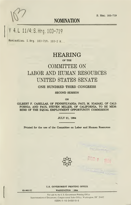 Nomination : Hearing of the Committee on Labor and Human Resources, United States Senate, One Hundred Third Congress, Second