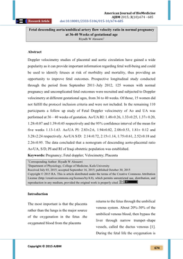 Fetal Descending Aorta/Umbilical Artery Flow Velocity Ratio in Normal Pregnancy at 36-40 Weeks of Gestational Age Riyadh W Alessawi1