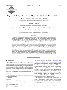 Dispersion in the Open Ocean Seasonal Pycnocline at Scales of 1–10Km and 1–6 Days