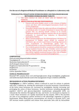 For the Use of a Registered Medical Practitioner Or a Hospital Or a Laboratory Only TENELIGLIPTIN, PIOGLITAZONE HYDROCHLORIDE AN