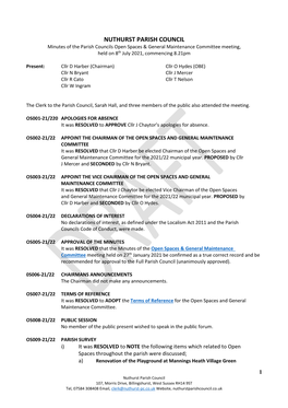 NUTHURST PARISH COUNCIL Minutes of the Parish Councils Open Spaces & General Maintenance Committee Meeting, Held on 8Th July 2021, Commencing 8.21Pm