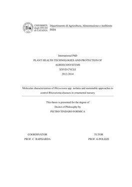 International Phd PLANT HEALTH TECHNOLOGIES and PROTECTION of AGROECOSYSTEMS XXVII CYCLE 2012-2014 Molecular Characterization Of