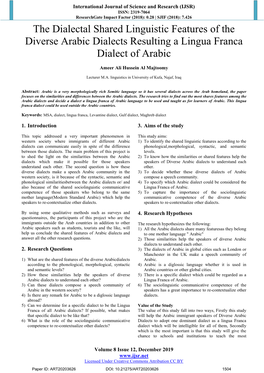 The Dialectal Shared Linguistic Features of the Diverse Arabic Dialects Resulting a Lingua Franca