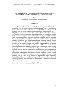 The Management Policy of State Lands As Aformer Ofright to Cultivatein Rejang Lebong Regency