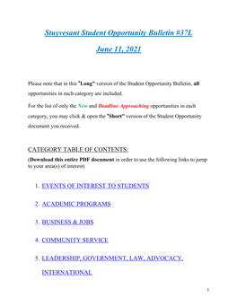 Stuyvesant Student Opportunity Bulletin #37L June 11, 2021