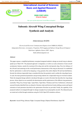 Subsonic Aircraft Wing Conceptual Design Synthesis and Analysis