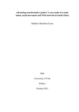 Advancing Transformative Justice? a Case Study of a Trade Union, Social Movement and NGO Network in South Africa