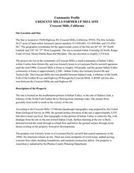 Community Profile CRESCENT MILLS FORMER LP MILL SITE Crescent Mills, California