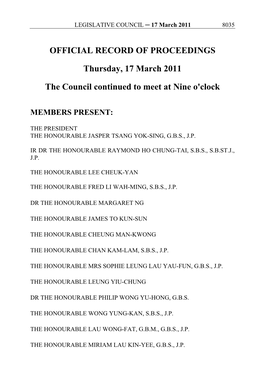 OFFICIAL RECORD of PROCEEDINGS Thursday, 17