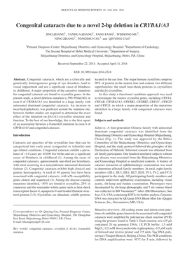 Congenital Cataracts Due to a Novel 2‑Bp Deletion in CRYBA1/A3