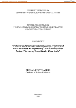 Political and International Implications of Integrated Water Resources Management of Transboundary River Basins: the Case of Axios/Vardar River Basin”