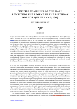 'Inspire Us Genius of the Day': Rewriting the Regent in the Birthday Ode for Queen Anne, 1703