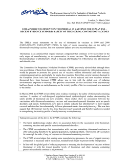 Emea Public Statement on Thiomersal in Vaccines for Human Use – Recent Evidence Supports Safety of Thiomersal-Containing Vaccines