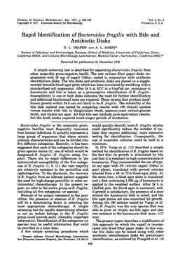 Rapid Identification Ofbacteroides Fragilis with Bile and Antibiotic Disks D