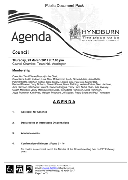 Hyndburn Borough Council Tax Increase 2017/18 by Property Band