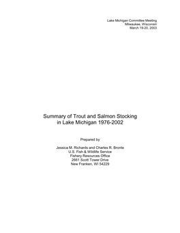 Summary of Trout and Salmon Stocking in Lake Michigan 1976-2002